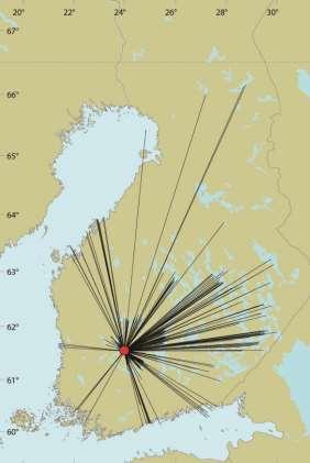 4 on esitetty Tarasteella tavattujen pesimäikäisten (+3kv) lokkien syntymäpaikat.
