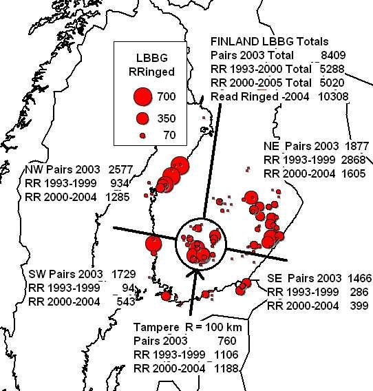 Tarastenjärven jätteenkäsittelykeskuksen lokit 1998-214 - 215 Juvaste, Koskinen 35 Kuva 3.9 Suomen selkälokkien parimäärät (pairs) ja lukurengastusmäärät (RR) alueittain.