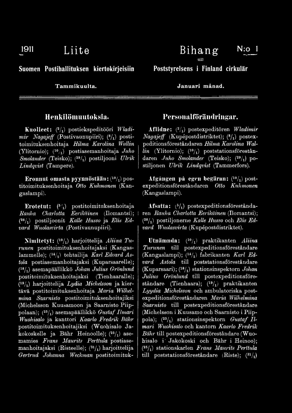 (29/1) posti! jonen Ulrik Lindqvist (Tammerfors). Åtgången på egen begäran: (f0h) postexpeditionsföreståndaren Otto Kuhmonen (Kangaslampi). Erotetut: j5/!