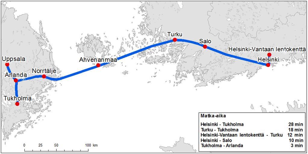 Pidemmän reitin tavoite: Helsinki Tukholma Tässä suunnitelmassa verkostoon kuuluu kansainvälinen yhteys (International Link), joka on merenalainen tunneli Suomen ja Ruotsin rannikoiden välillä.
