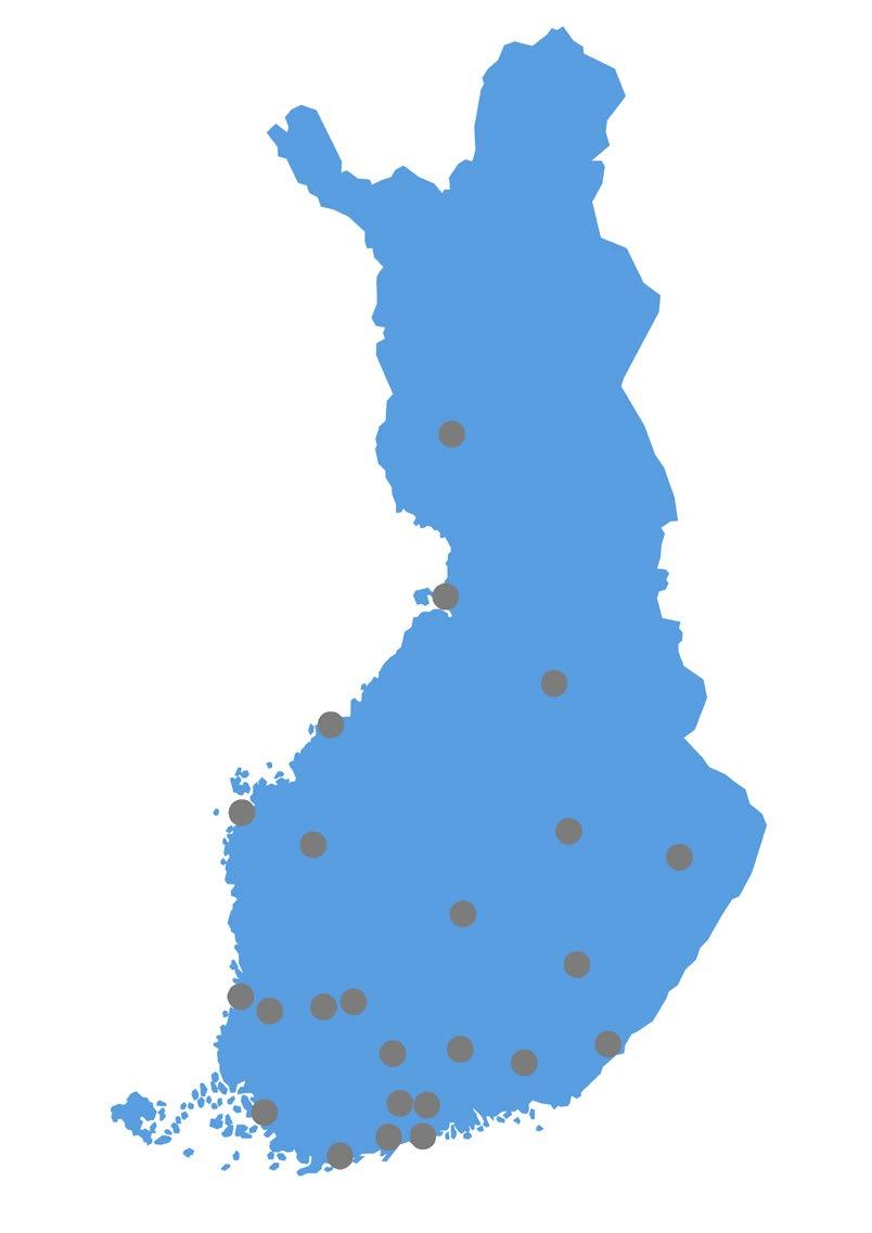 VAATIVA ERITYINEN TUKI ESI- JA PERUSOPETUKSESSA. KEHITTÄMISRYHMÄN LOPPURAPORTTI Kuvio 5. Sairaalaopetusyksiköt Suomessa. / Tekninen toteutus Laura Pursiainen.