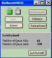 21 Sulkuventtiilin toiminnot: - Automaatti/käsiajo/paikallinen määrittää sulkuventtiilin ajotavan - Auki/kiinni määrittää sulkuventtiilin toiminnan - Lukitukset osio kertoo onko pakko-ohjaus päällä