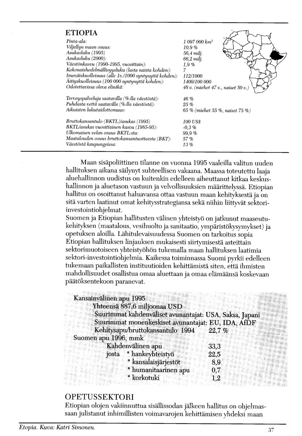 ETIOPIA Pinta-ala: Viijellyn maan osuus: Asukasluku (1995) Asukasluku (2000): Väestönkasvu (1990-1995, vuosittain): Knkonaishedclmällisyysluku (lasta naista kohden): Imeväiskuolleisuus (alle 1v.