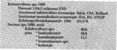 Suomen antamassa avussa keskeistä onkin ihmisten ja organisaatioiden toimintakyvyn kehittäminen. Vuonna 1996 jatkettiin tukea Manican läänin perusteiveydenhuollon kehittämiseksi.