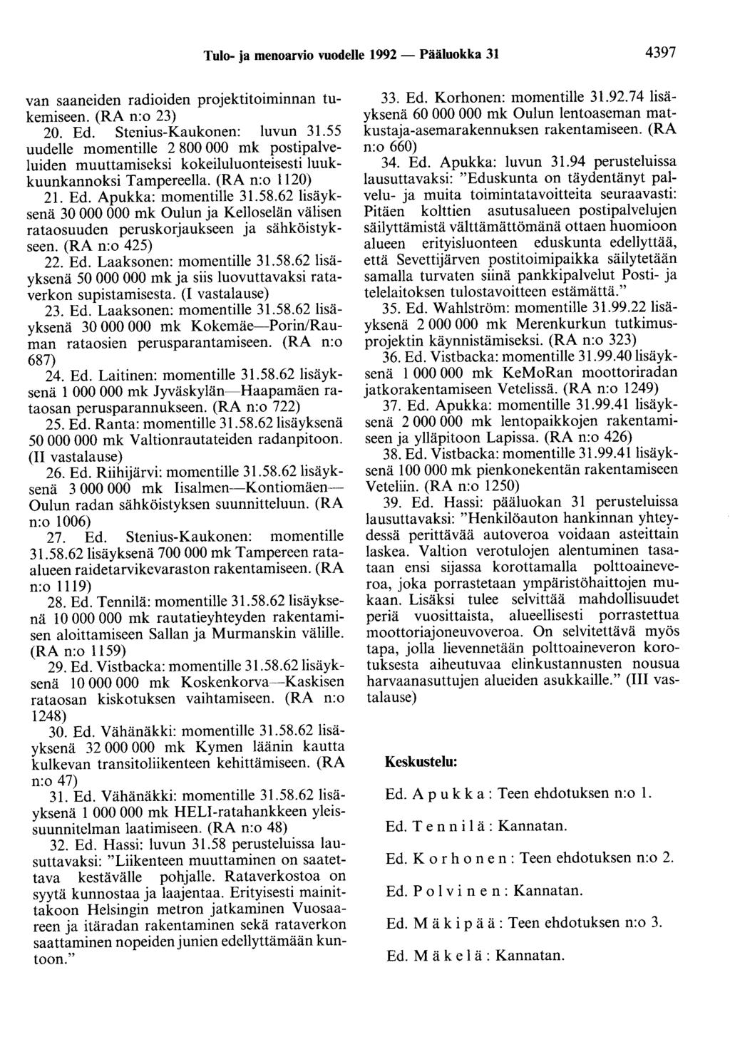 Tulo- ja menoarvio vuodelle 1992 - Pääluokka 31 4397 van saaneiden radioiden projektitoiminnan tukemiseen. (RA n:o 23) 20. Ed. Stenius-Kaukonen: luvun 31.