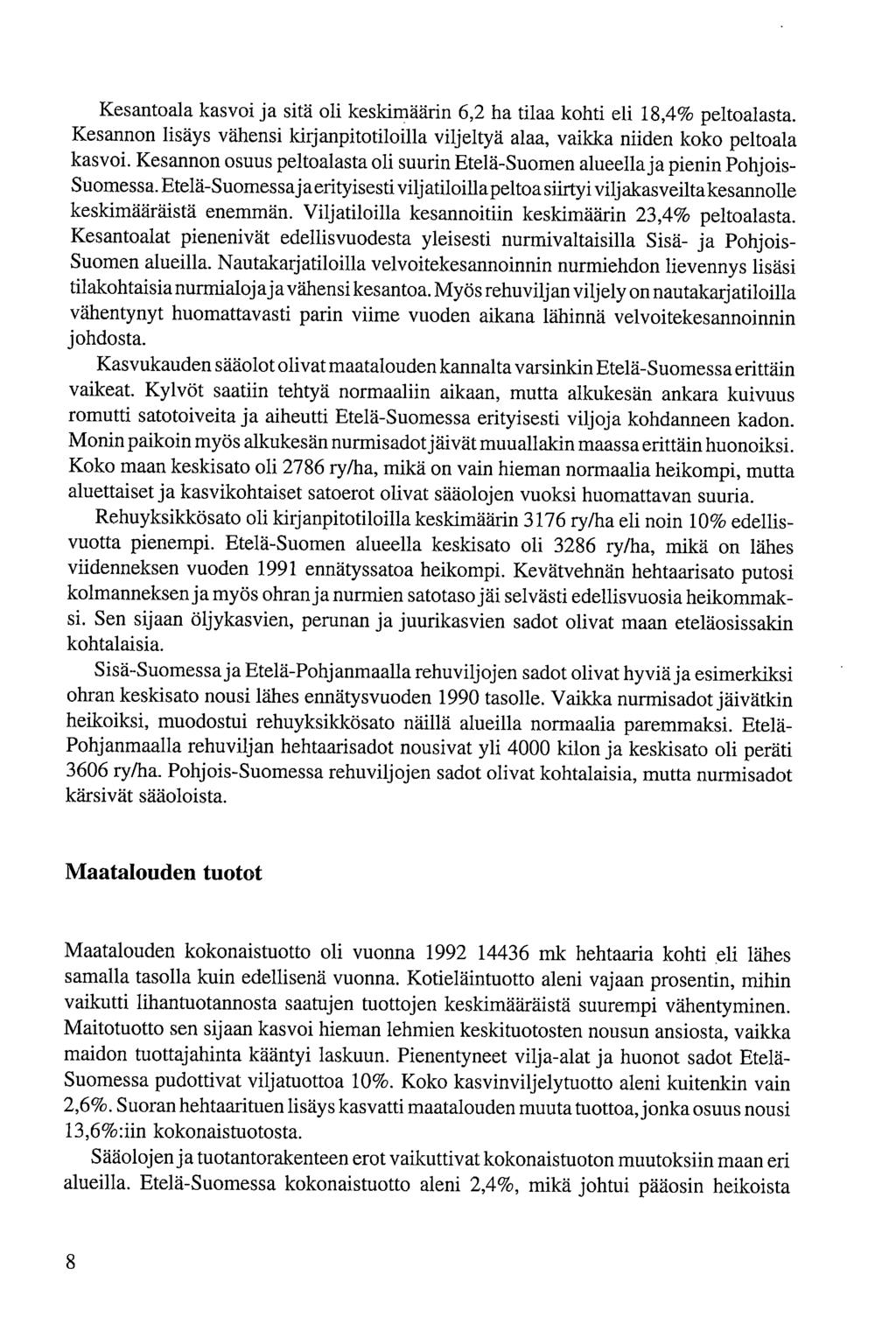 Kesantoala kasvoi ja sitä oli keskimäärin 6,2 ha tilaa kohti eli 18,4% peltoalasta. Kesannon lisäys vähsi kirjanpitotiloilla viljeltyä alaa, vaikka niid koko peltoala kasvoi.