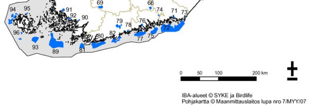 Kuva. Tärkeiden kansainvälisten lintualueiden tunnukset (Birdlife Suomi). Hankealueen ja hankealueeseen rajautuvat kansainvälisesti tärkeät lintualueet idästä länteen FI089.