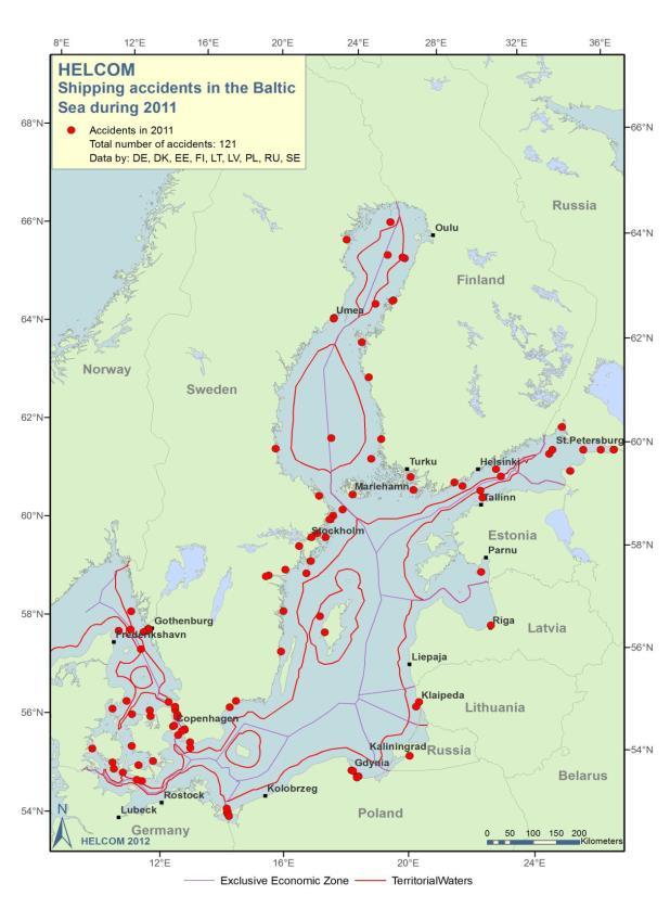 11 2.2 Öljyonnettomuudet HELCOM:n mukaan Itämerellä tapahtui 121 laivaonnettomuutta vuonna 2011.