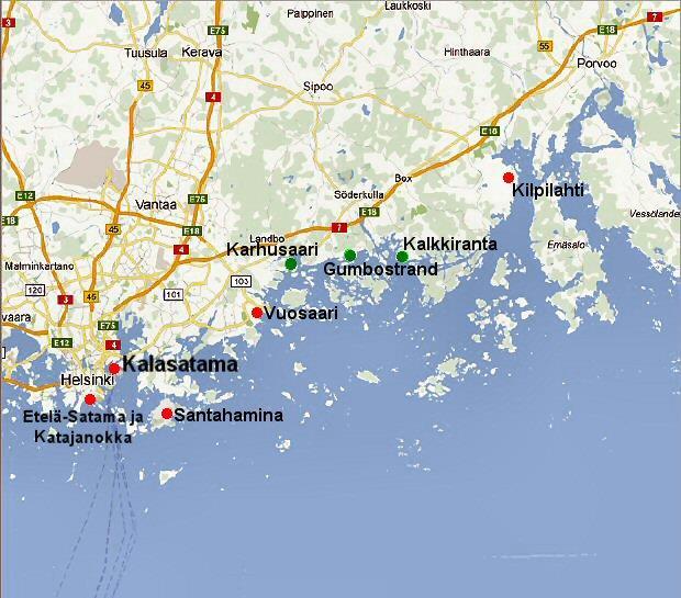 27 Kuva 9. Ensisijaiset (punainen) ja vaihtoehtoiset (vihreä) tyhjennyspaikat. (pohjakuva Google Maps) 6.2 Ensisijaiset tyhjennyssatamat 6.2.1 Eteläsatama ja Katajanokka Helsingin kaupungin satamalaitokselle kuuluvat Eteläsatama ja Katajanokka ovat yhdessä vilkas risteily ja pienvenesatama.