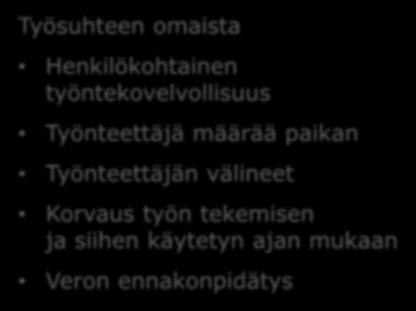 Rajanveto työsuhde vai yrittäjätoiminta Rajanveto tehdään työoikeudellisten periaatteiden mukaan Määrittely tapahtuu käänteisesti työsuhteen tunnusmerkkien mukaan Tekee