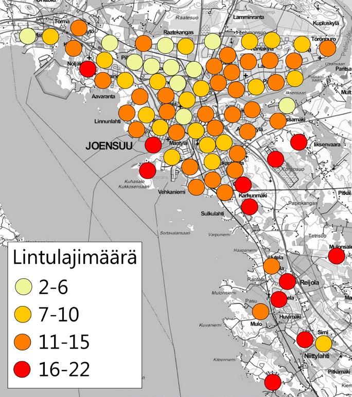 Pohjois-Karjalan Lintutieteellinen Yhdistys ry Millaisilla lohkoilla oli eniten lintuja? Kuva 3. Joensuun talvilintukartoituksen 2015/16 lohkokohtaiset yksilömäärät jaoteltuna kolmeen runsausluokkaan.