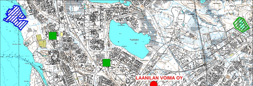 YVA-ohjelma Laanilan Voima Oy 47 (54) Kuva 6.7. Laanilan Voima Oy:n laitosaluetta lähimmät Natura 2000-alueet (Oulujoen suisto ja Letonniemi), muut luonnonsuojelualueet (Huutilampi) ja luonnonmuistomerkit.