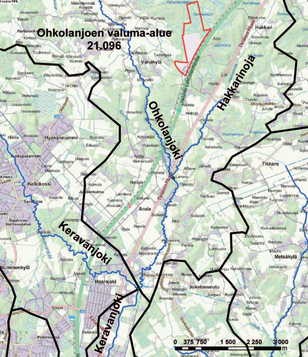 Hankealue kuuluu Vantaan vesistöalueeseen ja siinä edelleen Keravanjoen ja Ohkolanjoen vesistöalueisiin. Hankealue sijaitsee Ohkolanjoen (21.