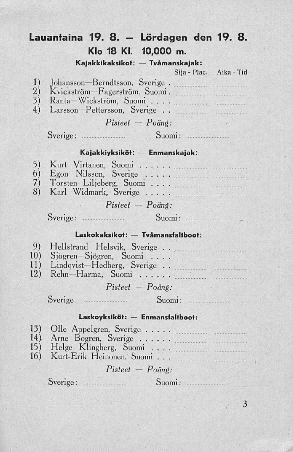 .. Lauantaina 19. 8. Lördagen den 19. 8 Klo 18 Kl. 10,000 m. Kajakkikaksikot: Tvåmanskajak: Sija Plac. 1) JohanssonBerndtsson, Sverige 2) Kvickström Fagerström, Suomi 3) Ranta Wickström, Suomi.