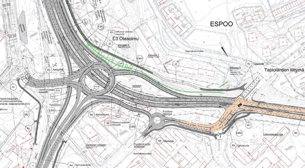 Kehä I Keilaniemen tunneli, Espoo 16 (29) Kuva 6: Otasolmun ja Tapiolantien eritasoliittymät Kuva 7: Tarkempi kuva tunnelin kaistajärjestelyistä Keilaniemen