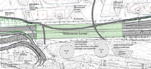 Tunneliosuudella tie on suora ja sen lähialueella ulkopuolella pienin kaarresäde R = 200 metriä Länsiväylältä idän suunnasta Kehä I:lle johtava ramppi E1R2 liittyy