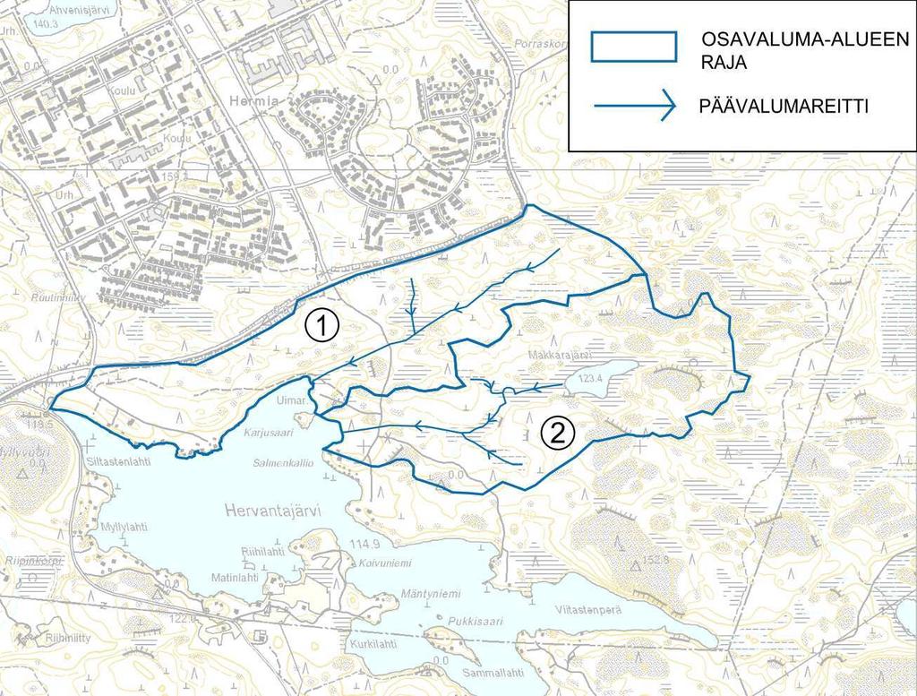 FCG Planeko Oy Raportti 3 (33) 2.2 Valuma-alueet ja reitit Selvitysalue on jaettavissa kahteen osavaluma-alueeseen, Hervantajärven pohjoiseen osavaluma-alueeseen ja Makkarajärven osavaluma-alueeseen.