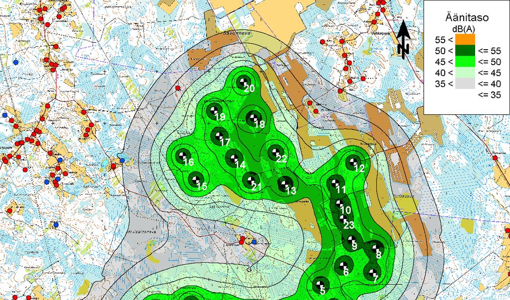 MELUMALLINNUS 5 melulle on kohtuullisessa myötätuulitilanteessa annettu 100 1000 m laskentaetäisyyksillä ±3 db.