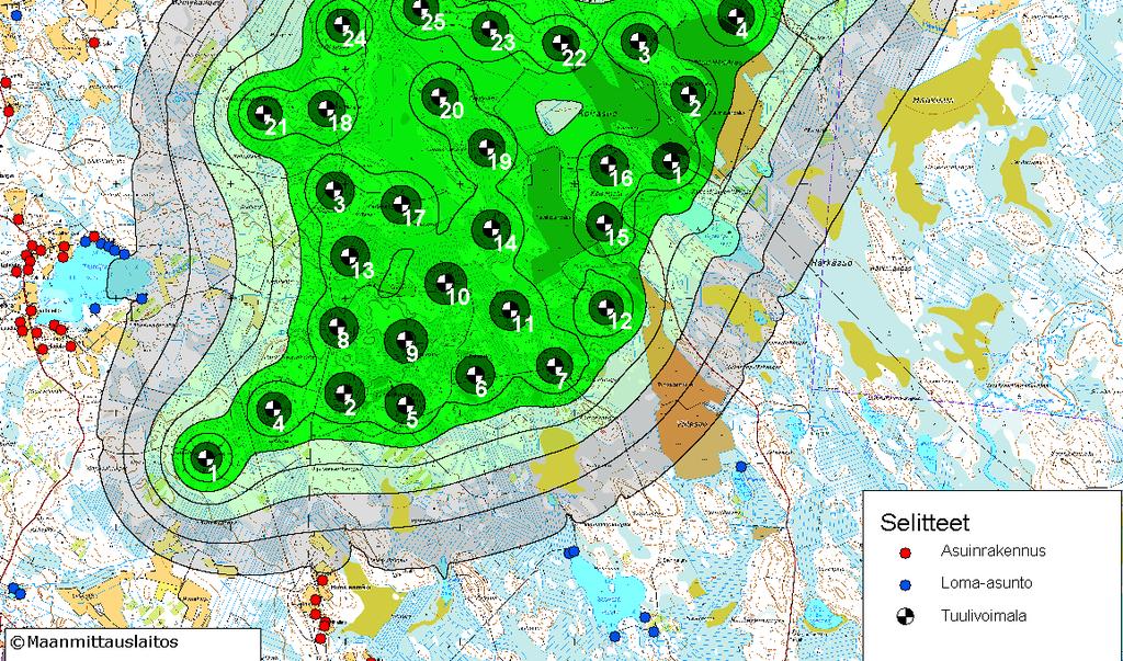 Meluvyöhykelaskennat on tehty laskentapisteverkkoon ja ohjelma interpoloi melutasot laskentapisteiden välisille alueille. Lisäksi tehtiin reseptoripistelaskentoja yksittäisiin tarkastelupisteisiin.