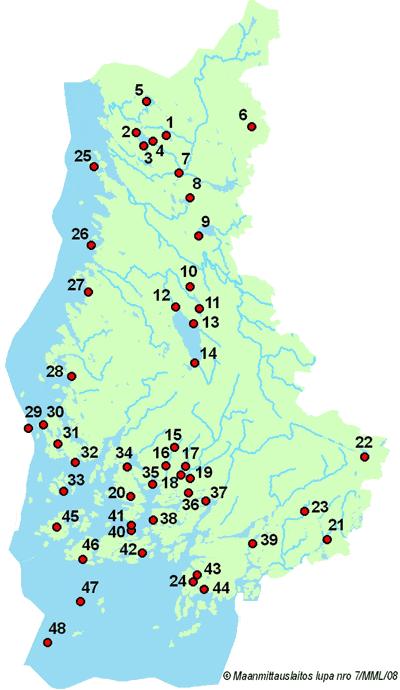 LEVÄSEURANNAN HAVAINNOINTIPAIKAT- LOUNAIS-SUOMESSA Sisävedet 1. Valkjärvi, Rantatie (Pomarkku) 2. Isojärvi, Saunaniemi (Siikainen) 3. Isojärvi, Eekvistinselkä (Pomarkku) 4.