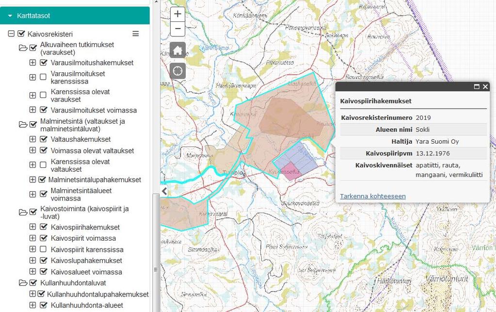 13 Kuvio 1. Näkymä Kaivosrekisterin Karttapalvelussa (Tukes 2015a) 2.3.3 Lupanimikkeet vanhassa kaivoslaissa Lupaviranomaisten vaihtumisen lisäksi myös lupien ja oikeuksien nimikkeet vaihtuivat.