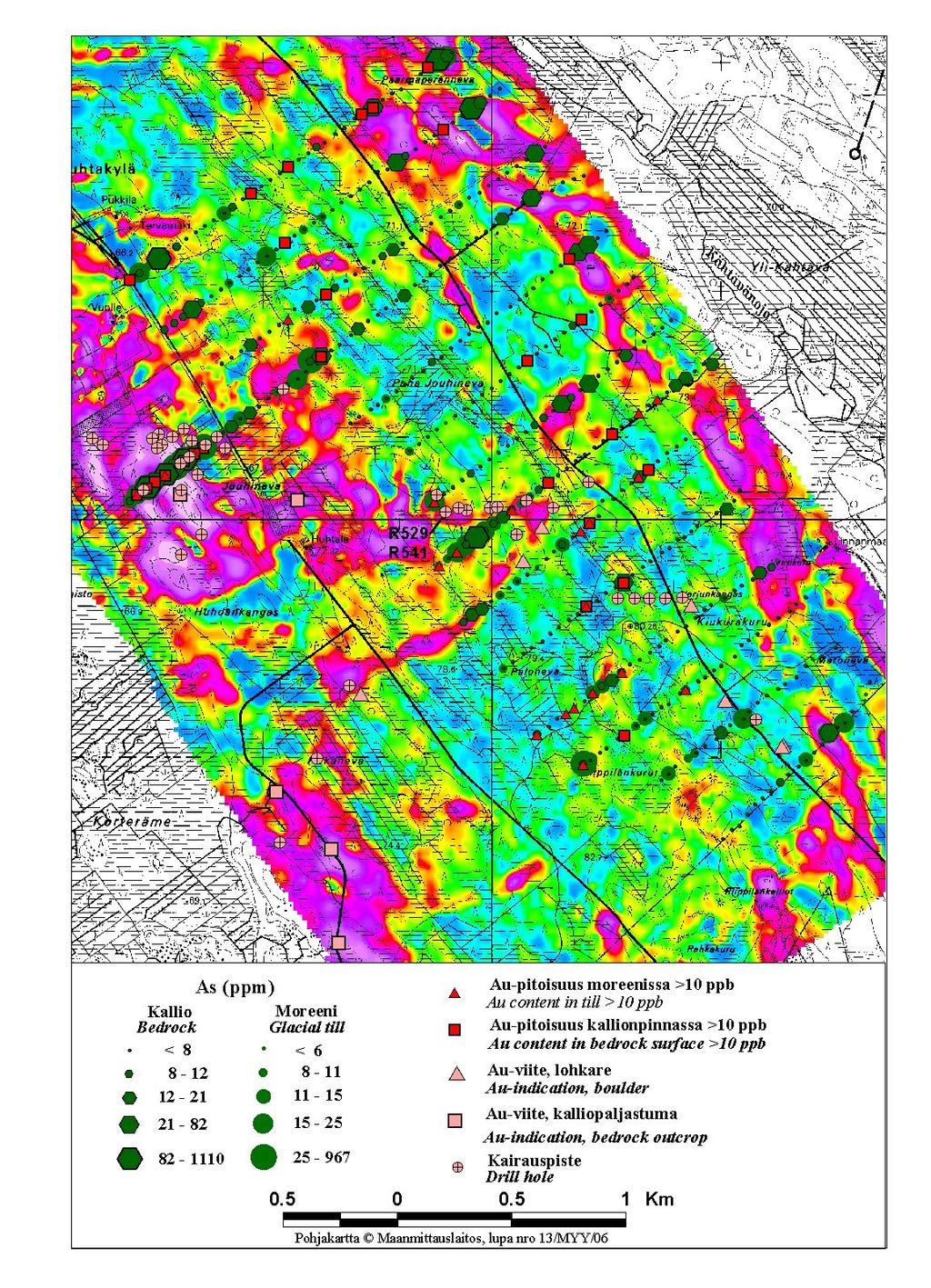Liite 10. Moreeni- ja kallionpintanäytteiden As-pitoisuudet. Kartalle on merkitty myös pisteet, joissa Au-pitoisuus on yli 10 ppb, tutkimusalueen merkittävimmät Au-viitteet ja kairanreikien paikat.