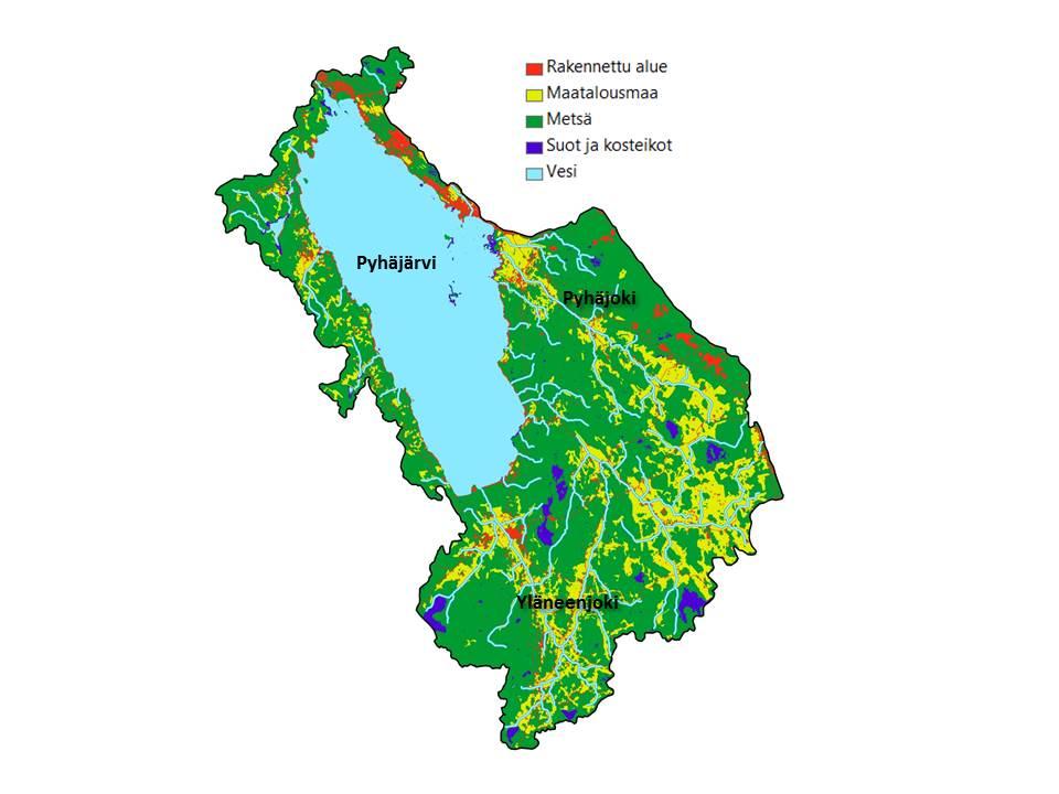 Kuva 5. Pyhäjärvi ja sen valuma-alueen maankäyttö. Pyhäjärven valuma-alueella oli vuonna 2015 kaikkiaan 218 maatilaa, joista 41 oli kotieläintiloja.