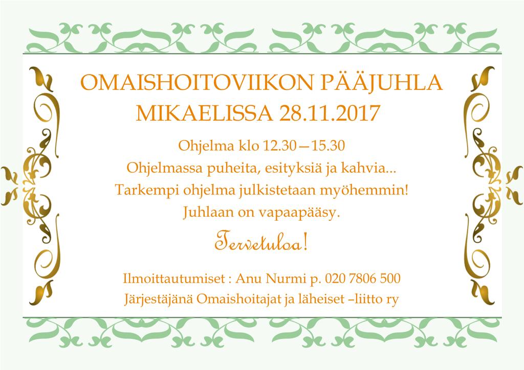 Omaishoitoviikko (27.11.-3.12.) To 30.11. klo 9-11 AamuCafe Estery -talolla; omaishoidon sadat kasvot, Geriwell:n esittely sekä muuta mukavaa ohjelmaa La 2.12. Olemme Jukurit HIFK pelissä ottelujärjestönä Su 3.