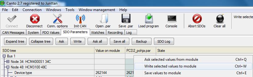 par rivi ja klikataan hiiren oikealla => Write selected values to module - Tämän jälkeen toistetaan sama Node100:lle - Lopuksi tallennetaan kummankin tila => Klikkaa hiiren oikealla => Save