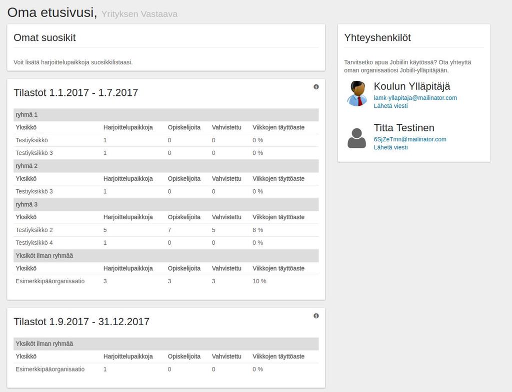 Harjoittelupaikkavastaava ja selailija Harjoittelupaikkavastaava ja selailija näkevät listan kaikista harjoittelupaikoista. Klikkaamalla harjoittelupaikan nimeä, pääsee harjoittelupaikan tietoihin.