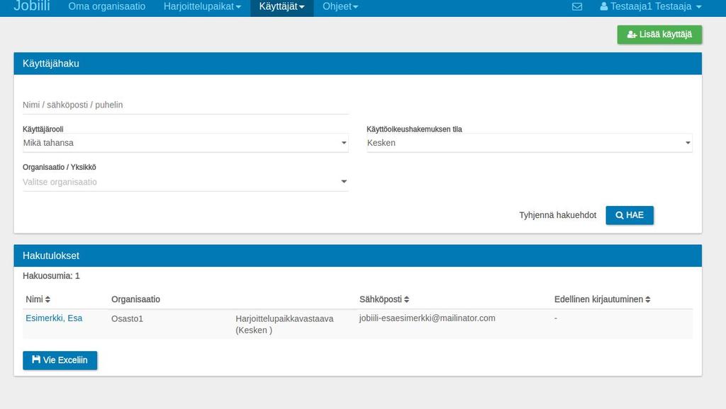 11. Käyttäjät 11.1 Käyttäjähaku 1. Voit hakea käyttäjiä klikkaamalla ylävalikosta Käyttäjät. 2. Valitse halutut hakuehdot ja klikkaa Hae. Käyttäjähaussa voit nähdä vain oman organisaatiosi käyttäjät.