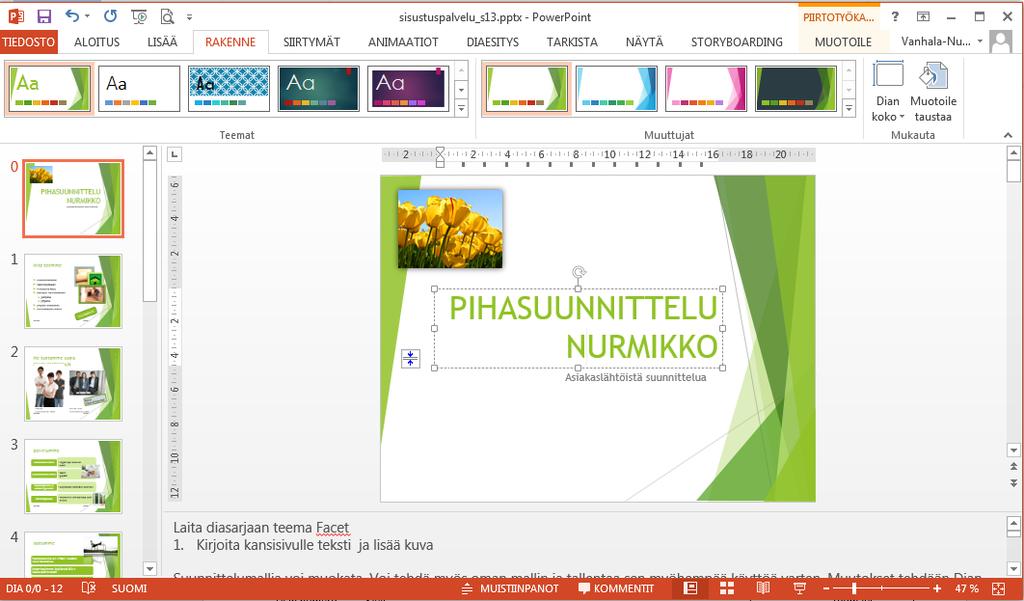 PowerPoint 2013 Perusteet 1 POWERPOINT PERUSTEET PowerPoint on esitysgrafiikkaohjelmisto, jolla voi tuottaa esityksiä, jotka voivat sisältää tekstejä, piirroksia, kaavioita tai kuvia vaikuttavia