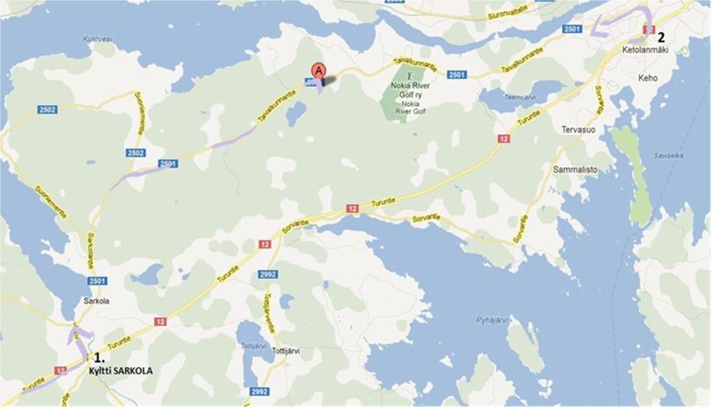 PORISTA päin tulijat (kartalla nuolten väri: punainen, edellinen sivu) : Murhasaaren sillan jälkeen n. 5 km tulee Nokia kyltti, käänny oikealle kyltin mukaisesti.