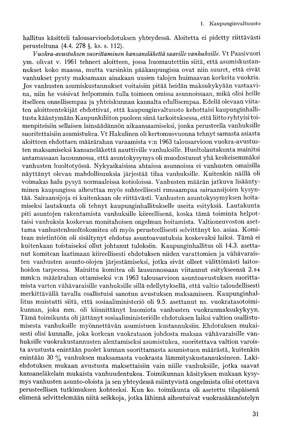 hallitus käsitteli talousarvioehdotuksen yhteydessä. Aloitetta ei pidetty riittävästi perusteltuna (4.4. 278, ks. s. 112). Vuokra-avustuksen suorittaminen kansaneläkettä saaville vanhuksille.