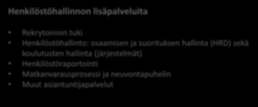 Palkka- ja palvelutodistukset Asiakaspalvelu ja perusneuvonta Palvelussuhdetietojen hallinta (järjestelmät) Matkan- ja kulunhallinta Taloushallinnon lisäpalveluita Talousarvion ja taloussuunnittelun