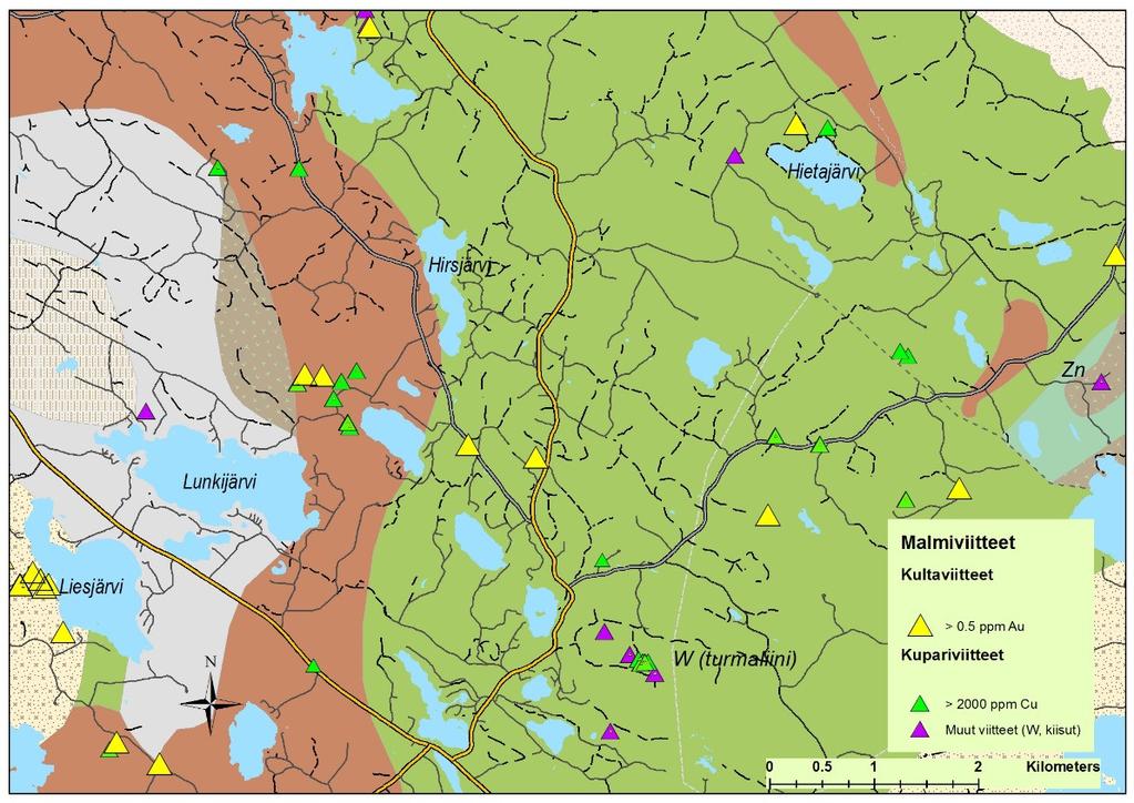 GEOLOGIAN TUTKIMUSKESKUS Patakankaan Au 7 Kuva 3. Pikonkorven alueen malmiviitteet kallioperäkartalla (vihreä=mafinen vulkaniitti, ruskea= gabro, harmaa=felsinen vulkaniitti; sininen=järvi) 4.