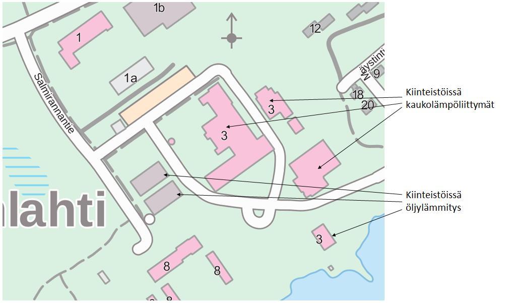 Tilapalvelu, Salmirannan kiinteistöt Kolme öljylämmitteistä rakennusta: rantarakennus (kulutusarvio 23 m 3 öljyä) ja varastohalli (arvio 10 m 3 öljyä), sekä liikuntahalli/skeittihalli (arvio 10 m 3