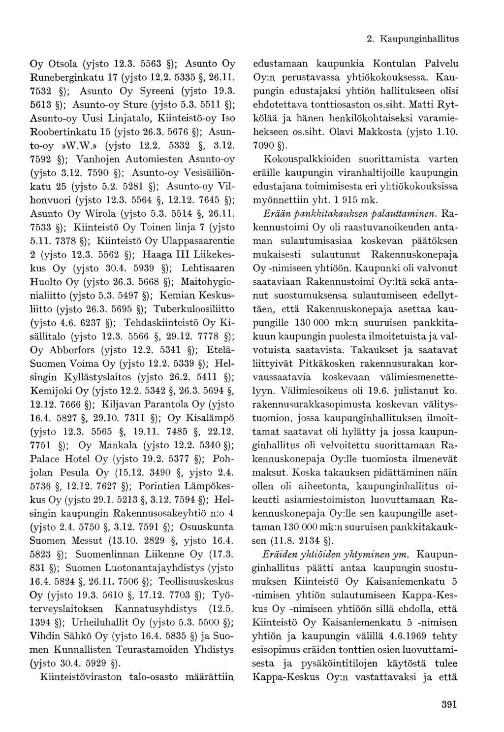 Oy Otsola (yjsto 12.3. 5563 ); Asunto Oy Runeberginkatu 17 (yjsto 12.2. 5335, 26.11. 7532 ); Asunto Oy Syreeni (yjsto 19.3. 5613 ); Asunto-oy Sture (yjsto 5.3. 5511 ); Asunto-oy Uusi Linjatalo, Kiinteistö-oy Iso Roobertinkatu 15 (yjsto 26.