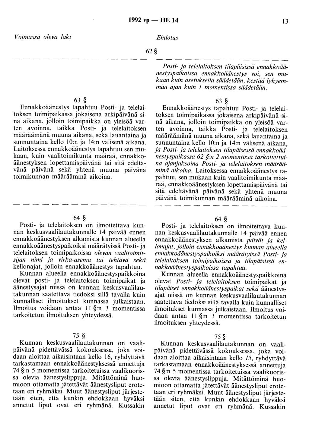 1992 vp- HE 14 13 Voimassa oleva laki Ehdotus 62 Posti- ja telelaitoksen tilapäisissä ennakkoäänestyspaikoissa ennakkoäänestys voi, sen mukaan kuin asetuksella säädetään, kestää lyhyemmän ajan kuin 1