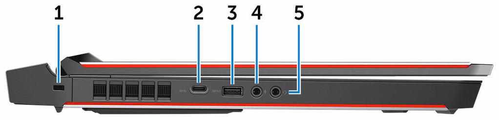 Vasen 1 Suojakaapelin paikka (Noble-lukoille) Suojakaapelin kytkemiselle tietokoneeseen luvattoman siirtämisen estämiseksi. 2 C-tyyppinen USB 3.