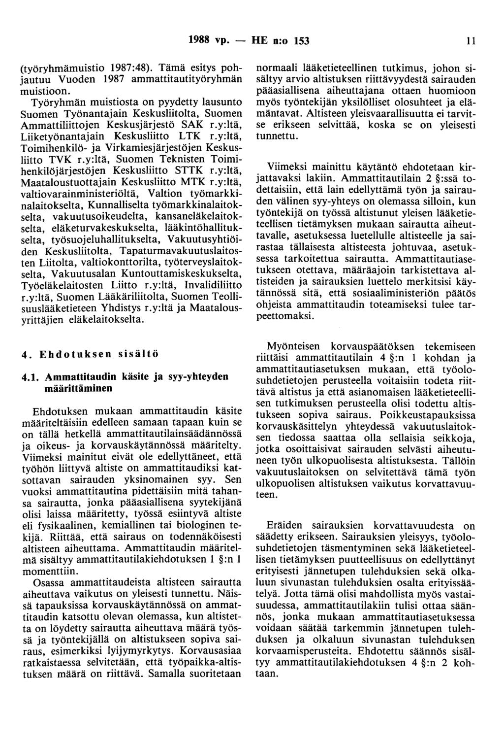 1988 vp. - HE n:o 153 11 (työryhmämuistio 1987:48). Tämä esitys pohjautuu Vuoden 1987 ammattitautityöryhmän muistioon.