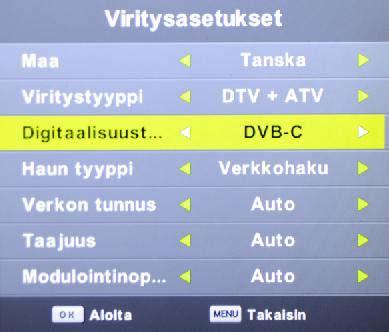 Analoginen viritys käsin Siirry OK-näppäimellä ATV Manual Tuning (ATV manuaalinen viritys) -valikkoon.