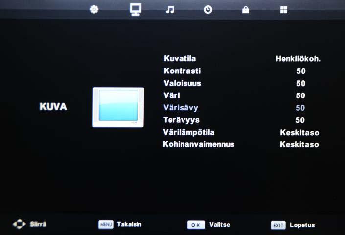 Näyttövalikko Näyttövalikko 2. PICTURE-valikko (KUVA) Kuvaus Kuvatila: Valitse Standard (Standardi), Dynamic (Dynaaminen), User (Oma) tai Mild (Pehmeä).
