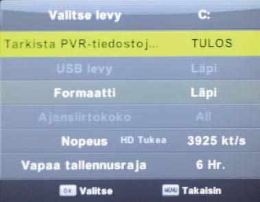Tallentaminen Tallentaminen PVR settings (PVR-asetukset) 1. PVR File System Paina MENU-painiketta, valitse SETUP-valikko ja valitse "PVR File System", paina OK-painiketta valikko.