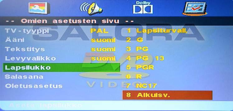 DVD-käyttö DVD-käyttö Lapsilukko Kun toistetaan levyä, jossa on lapsilukkotoiminto, voit valita ikäluokan levyllä olevan luokituksen ja oman harkintasi mukaan.