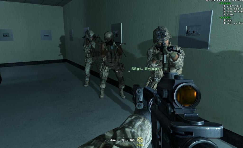 19 Kuva 6: Call of Duty 4: Modern Warfare -pelin pelihahmot ovat asemissa käytävällä (Activision, 2007) 4.7 Tekstuurien suodatus Bilinear Filtering on yleisesti käytetty tapa suodattaa tekstuureja.