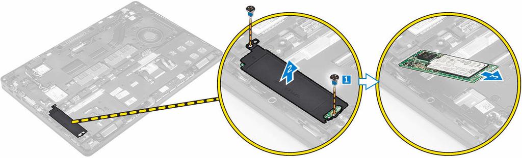 3. PCIe SSD -aseman irrottaminen: a. Irrota ruuvit, joilla SSD-kiinnike on kiinnitetty SSD-asemaan [1]. b. Irrota SSD-aseman kiinnike [2]. c.