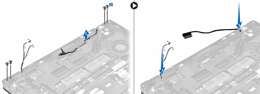 b. Irrota näytön kiinnittävät ruuvit [2]. c. Vapauta antennikaapelit ja näyttökaapeli reitityskanavasta [3]. 6. Näyttökokoonpanon irrottaminen: a.