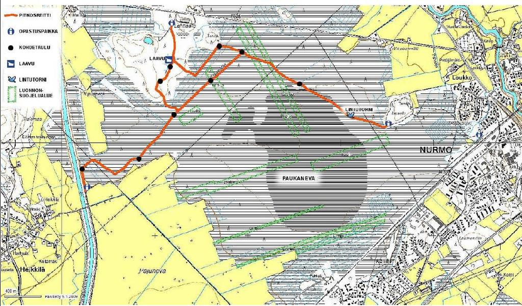 Laavu Tervahauta Esteetön lankkupolku 700 m Esteetön lintulava Tavalliset Pitkospuut Lintutorni SEINÄJOKI- VAASA TIE Levähdysalue 1918