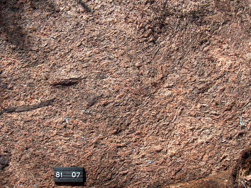 S-type granites of Liimatta. A) Garnet- and sillimanite-bearing leucogranite. B) Granite containing schist fragments and euhedral K-feldspar phenocrysts.